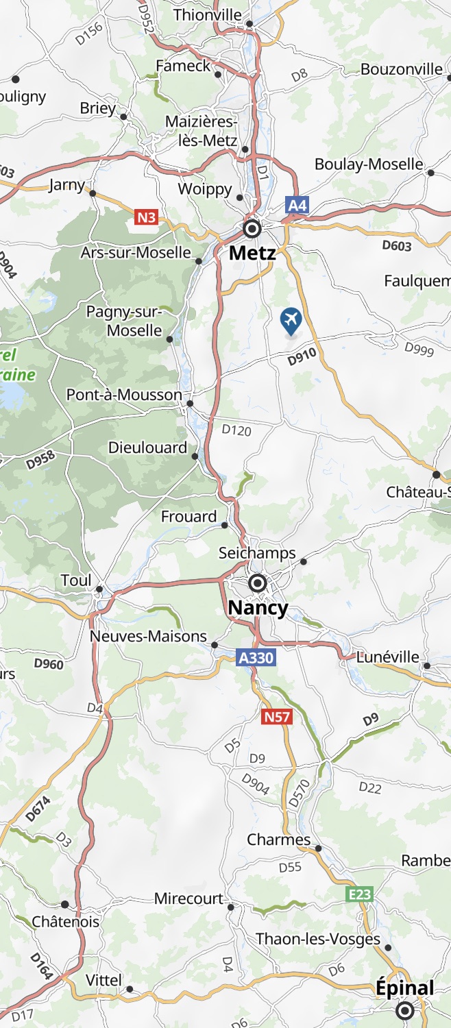 Carte du Sillon lorrain entre Thionville, Metz, Nancy et Épinal
